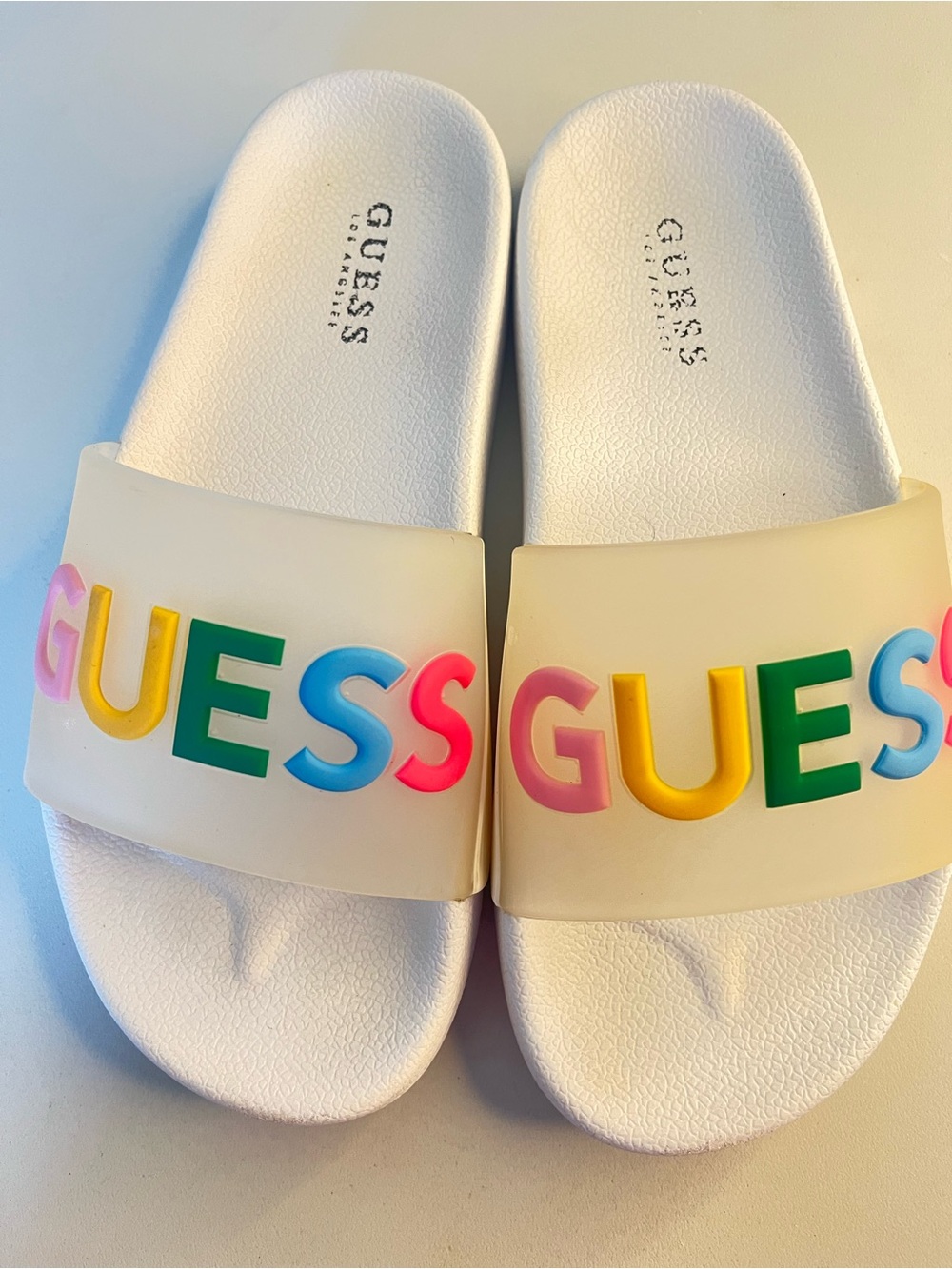 GUESS White womens Slide Sandals with Multicolor Lettering